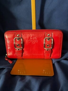 Coach Red Leather Zip Wallet with Buckle Details